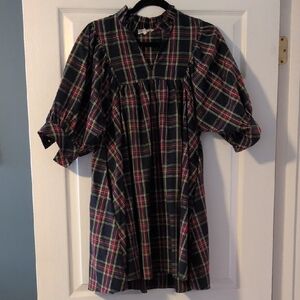 entro Navy Plaid Puff-Sleeve Mini Dress